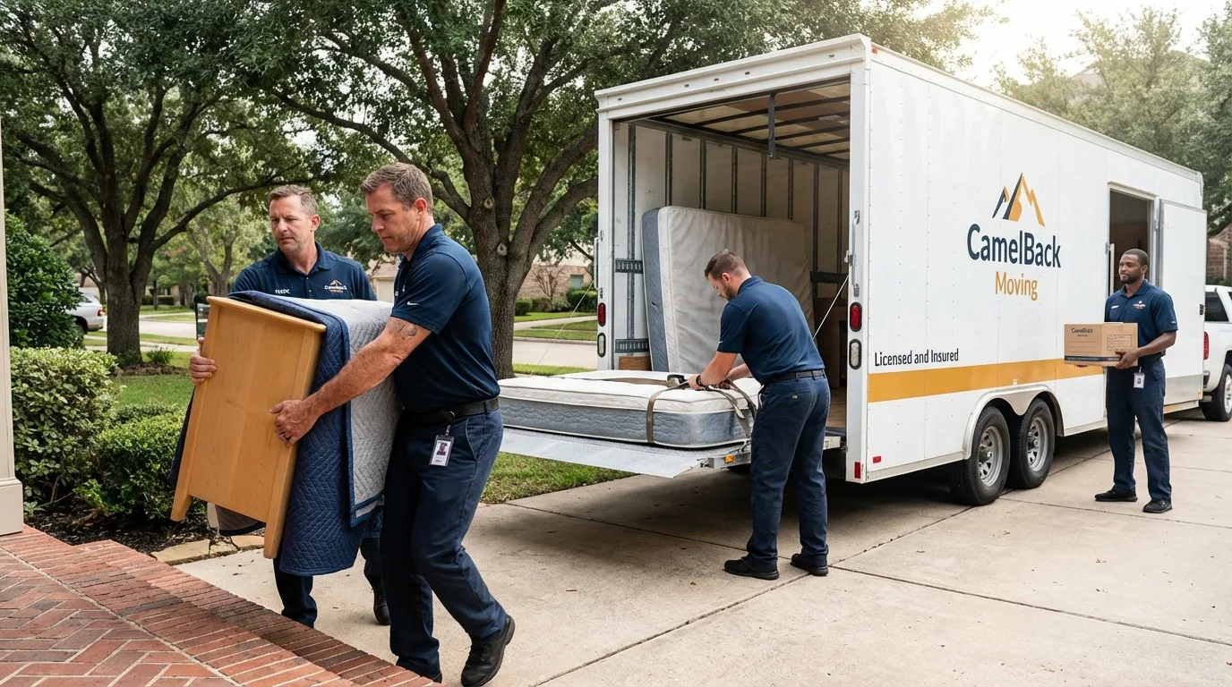 Crew loading residential truck for cross-state move from Crystal City, TX