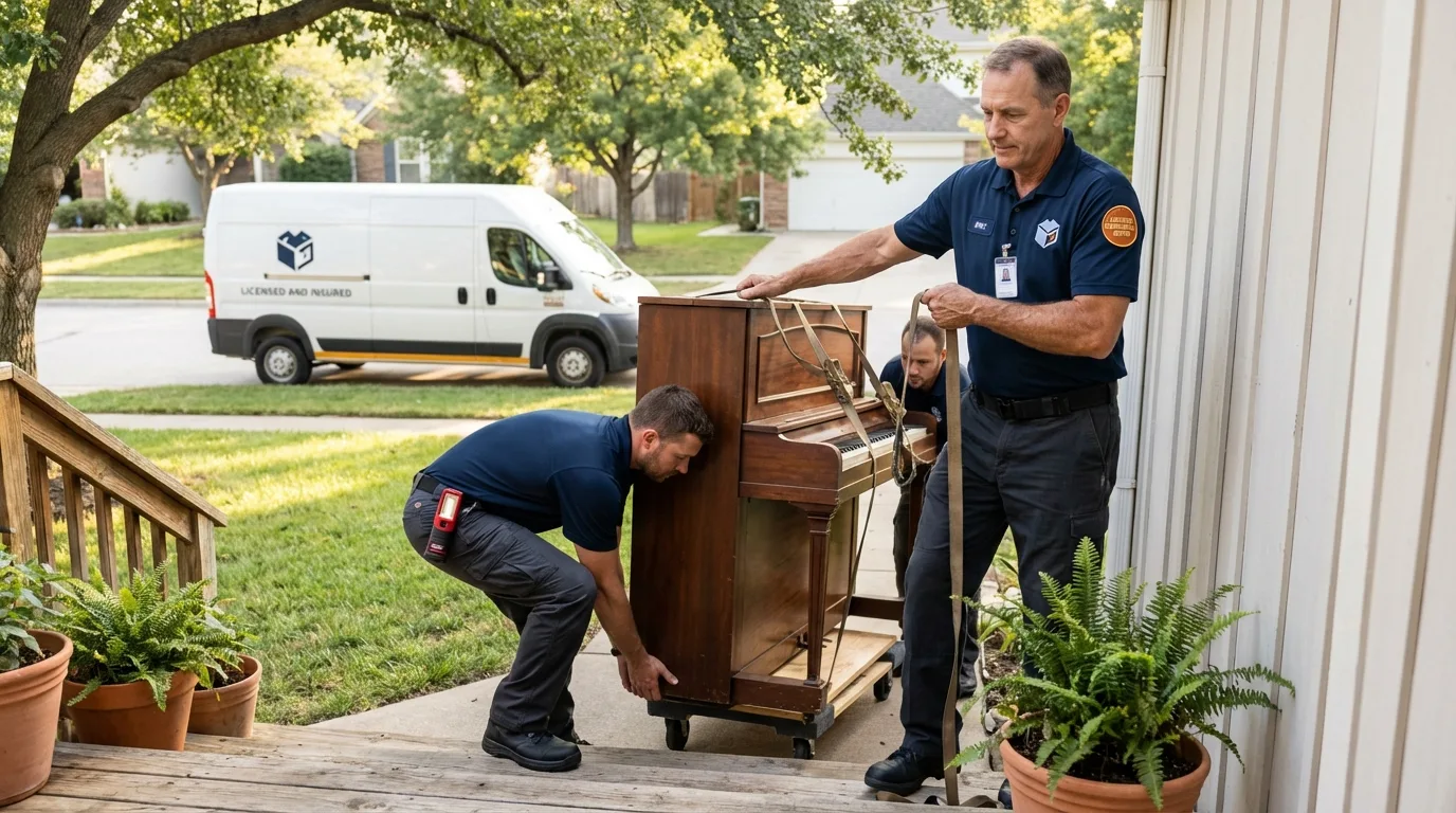 Licensed piano movers securing grand piano in Crystal City, TX