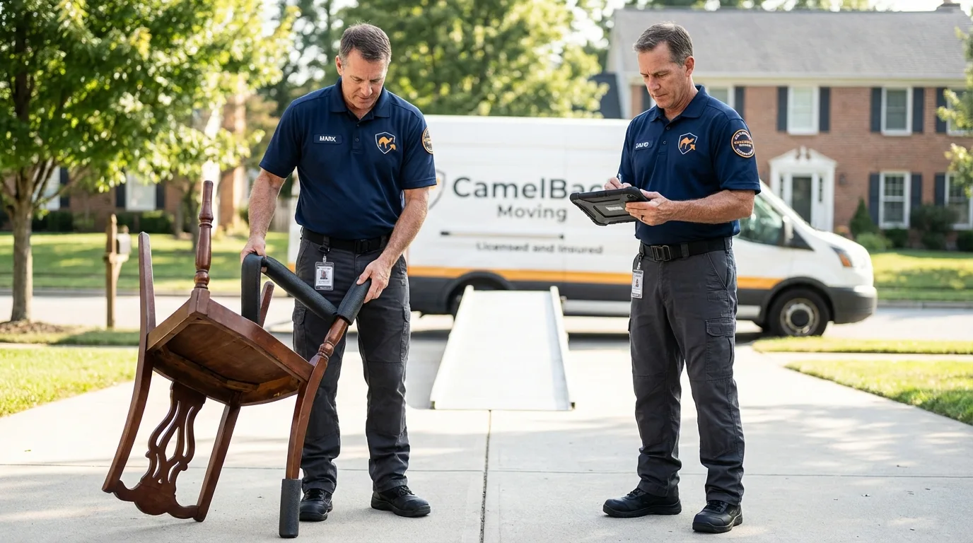Movers inspecting furniture for damage prevention before loading in Crystal City, TX