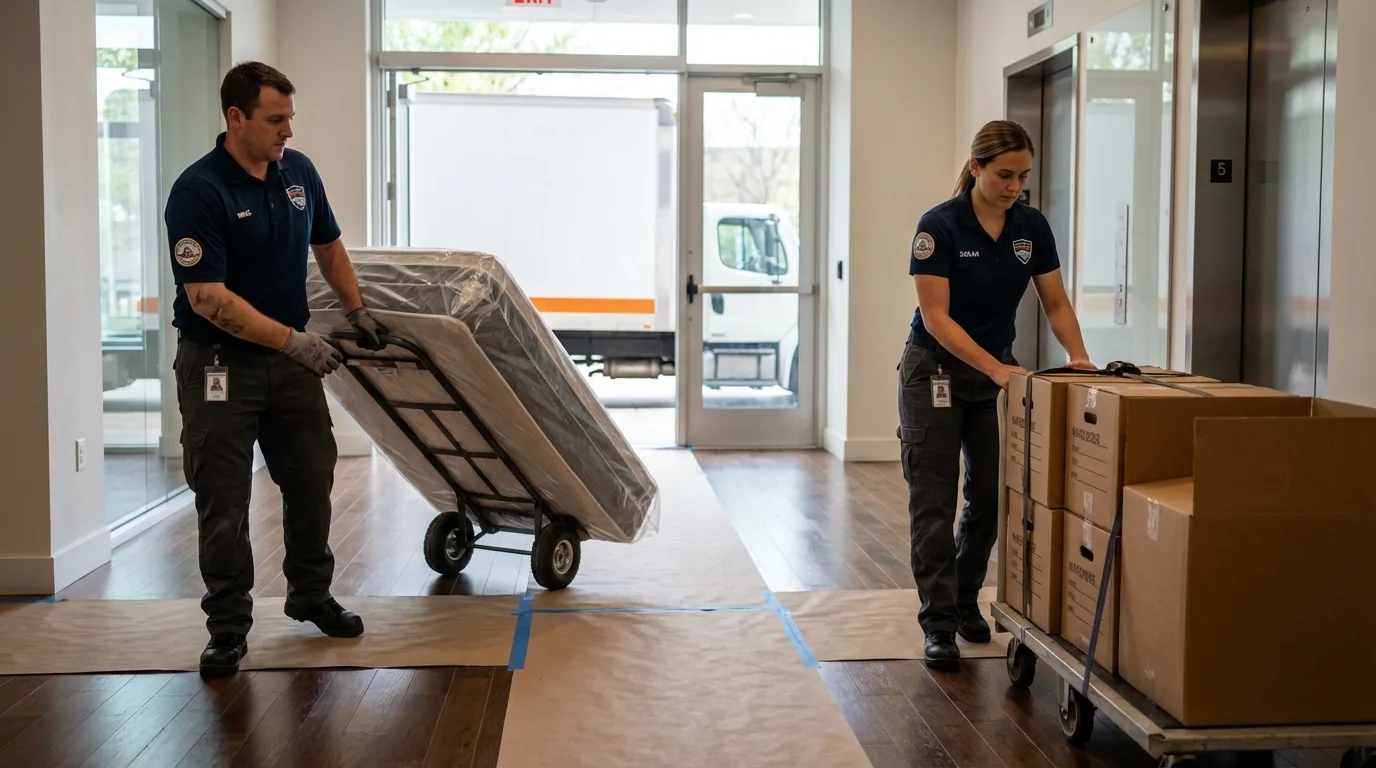 Professional apartment movers loading elevator in Crystal City, TX