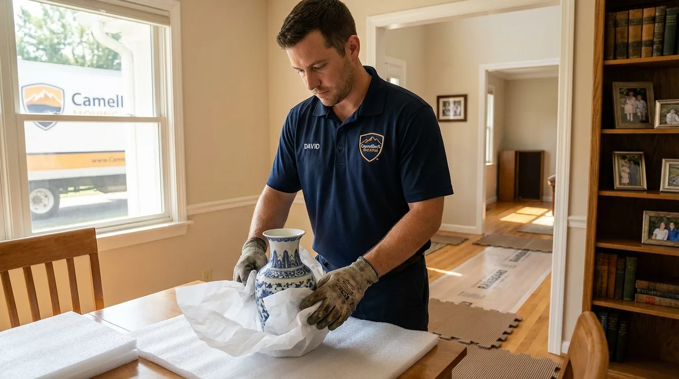 Professional crew carefully wrapping antique vase for senior downsizing move in Crystal City, TX