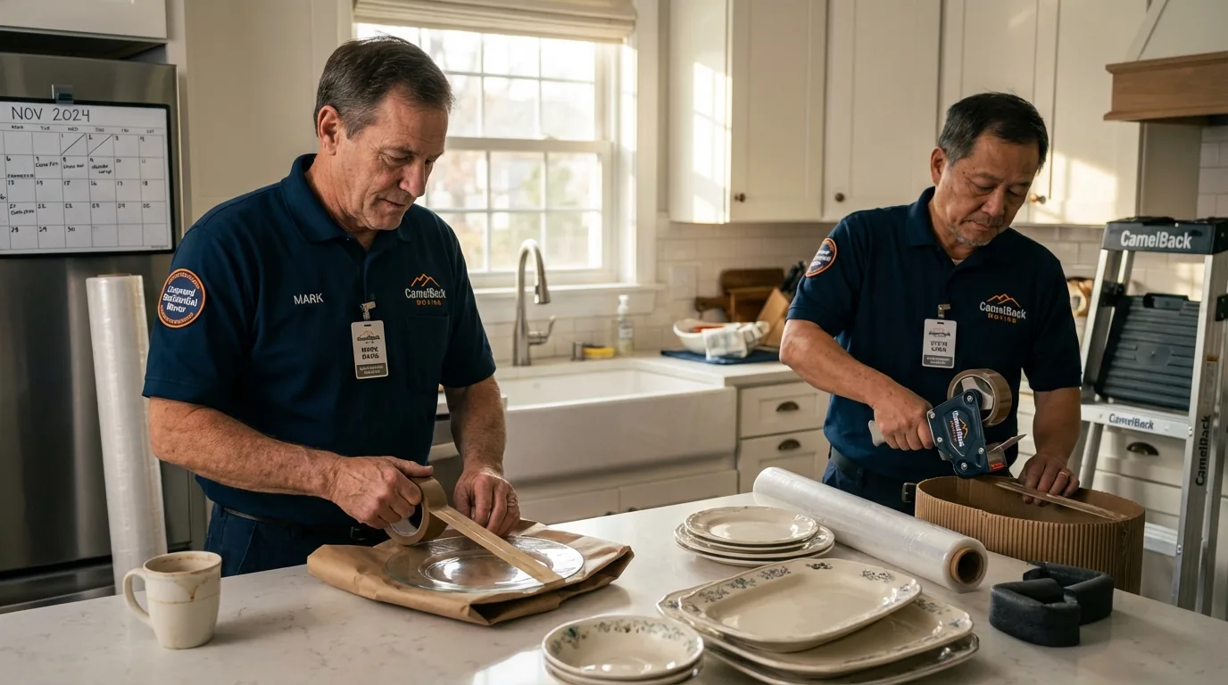 Professional crew packing kitchen dishware in Crystal City, TX